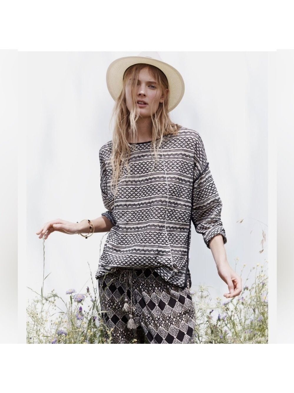 Madewell Tidal Wave Pullover Sweater Embroidered Jacquard Black Cream Top Medium - Picture 2 of 14